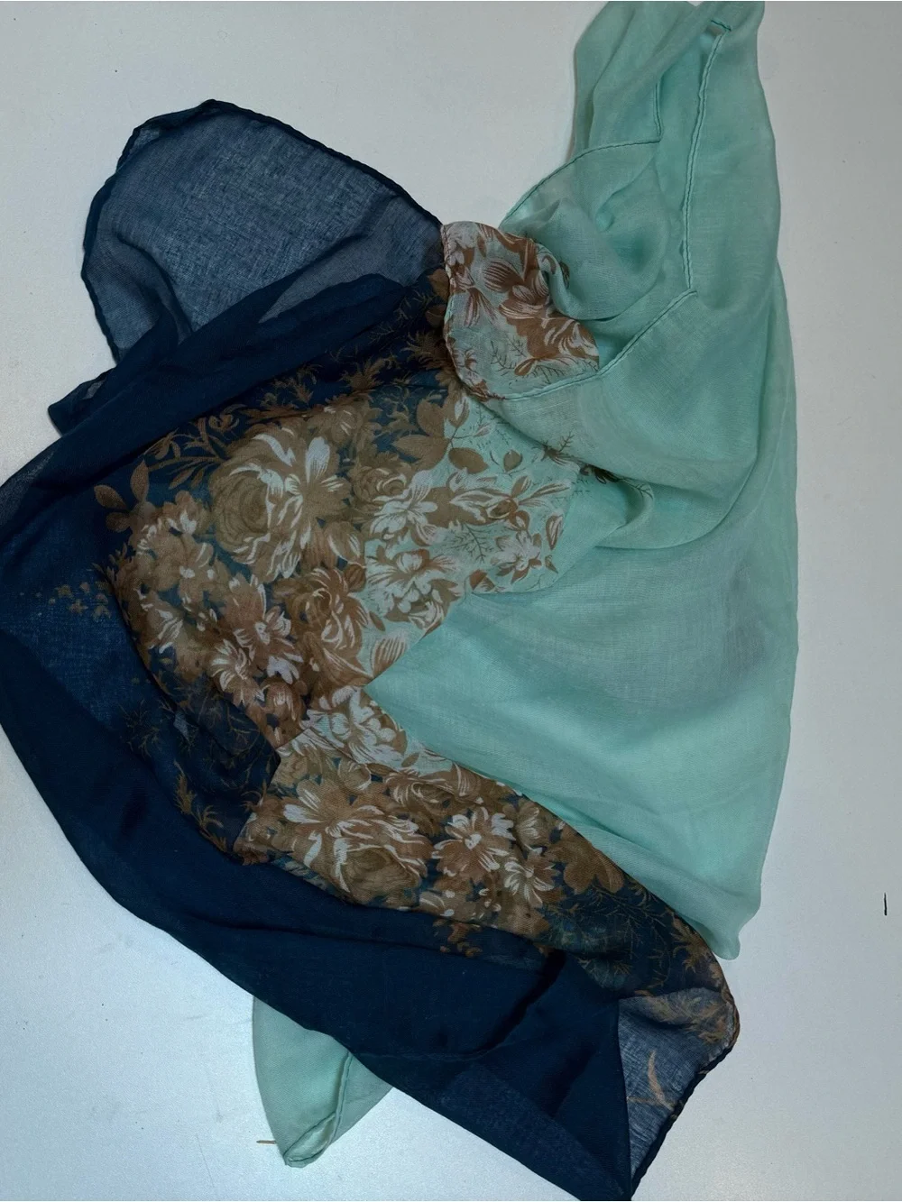 Floral Ombre Lightweight Scarf in Aqua, Navy & Brown